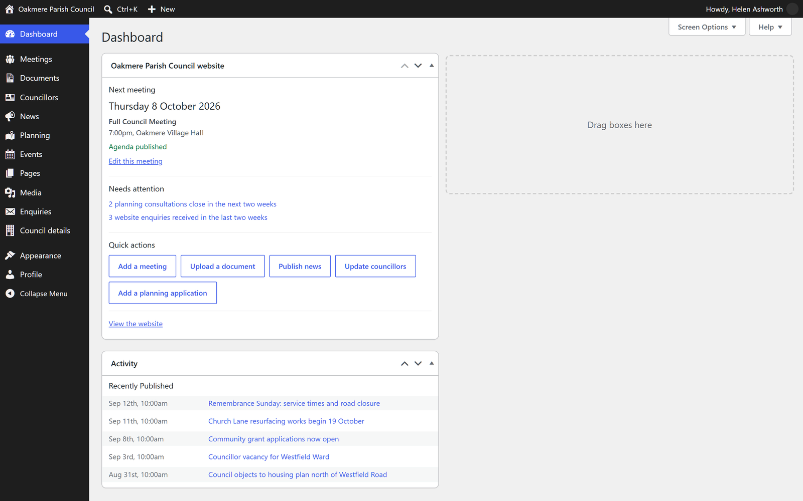 Actual Oakmere council clerk dashboard showing next meeting and quick actions