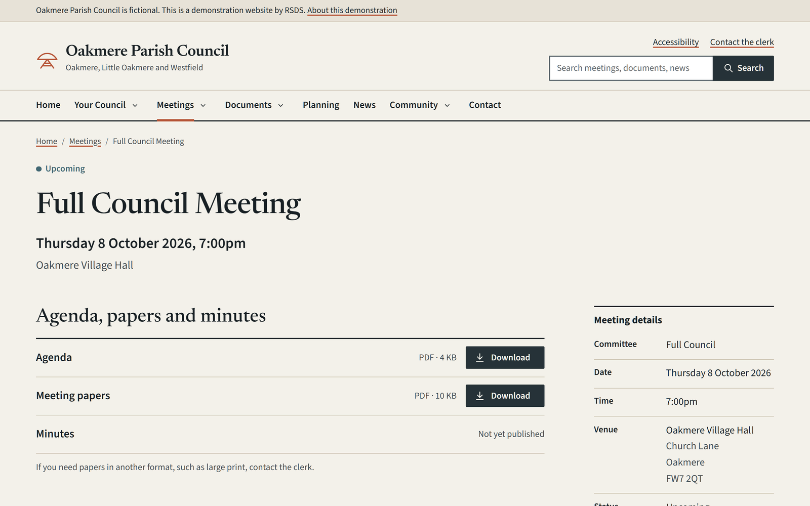 Published Oakmere meeting page showing meeting details and papers